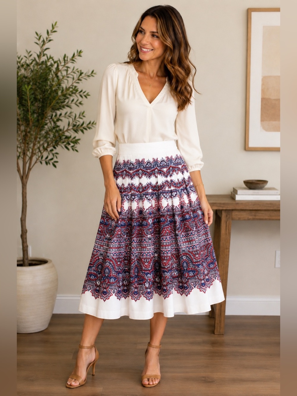 NWT Talbots Printed A-Line Skirt Red Navy Ivory Paisley Size 10